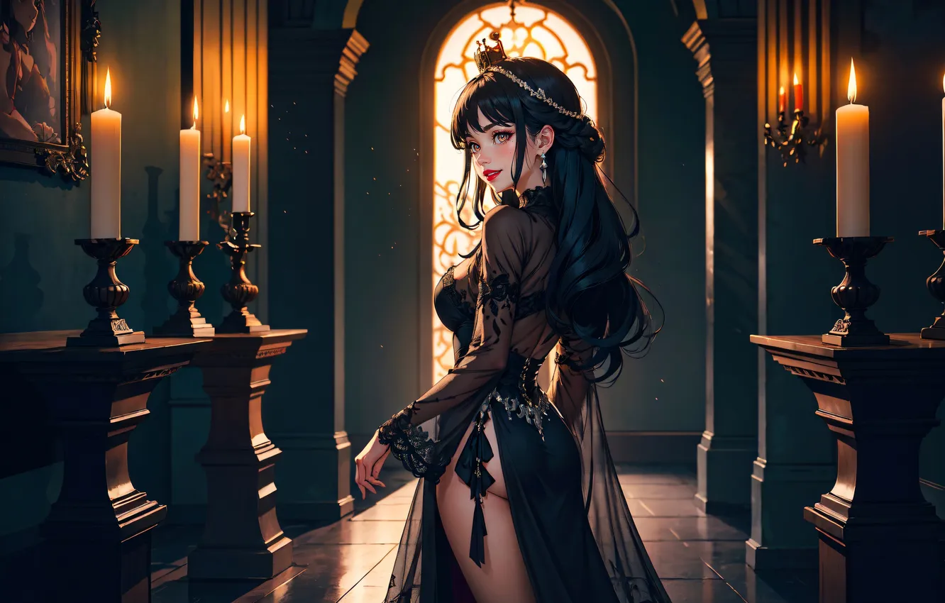 Photo wallpaper girl, brunette, candles, black dress, Stable Diffusion, AI Art