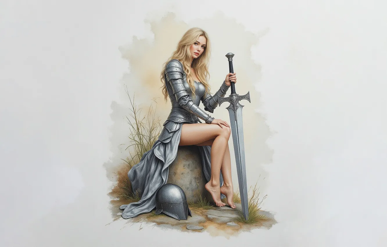 Photo wallpaper girl, background, sword, armor, warrior, fantasy, blonde, legs