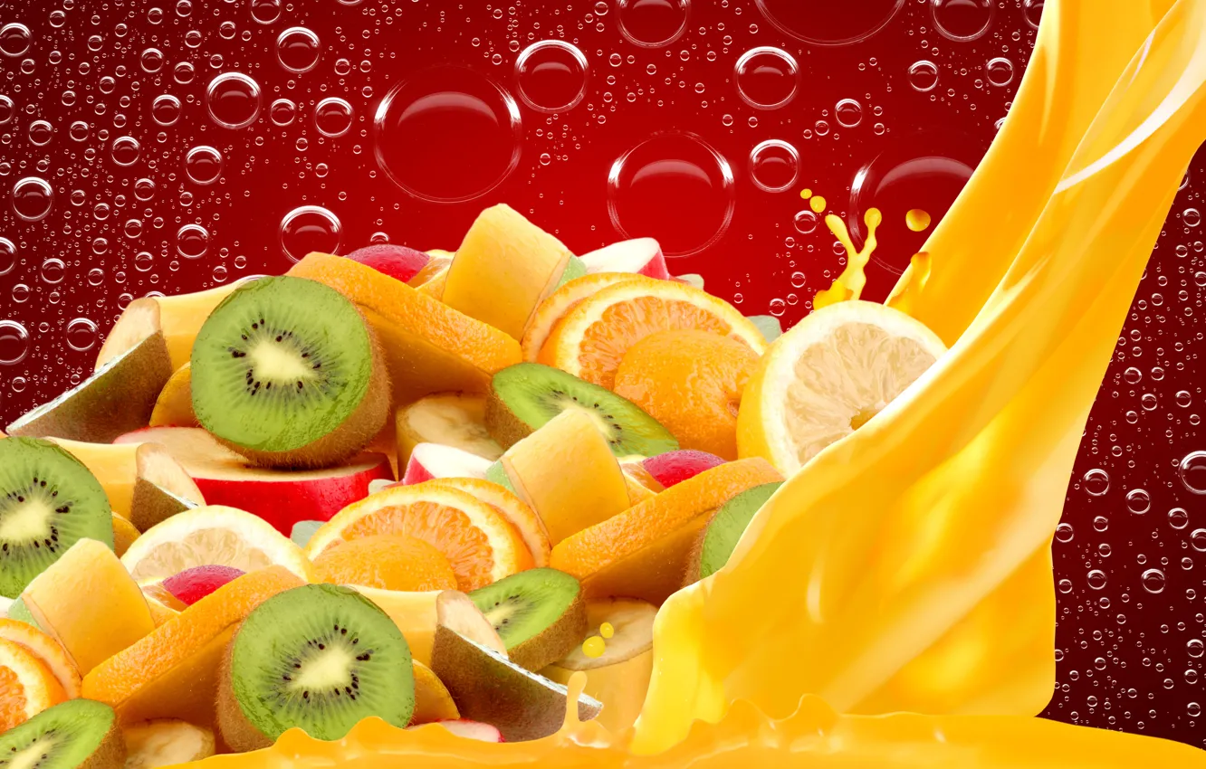 Photo wallpaper bubbles, juice, fruit, slices