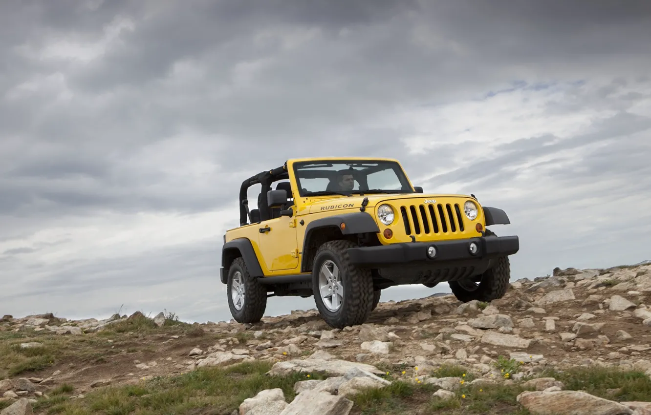Photo wallpaper mountains, yellow, jeep, SUV, Jeep Wrangler 2011
