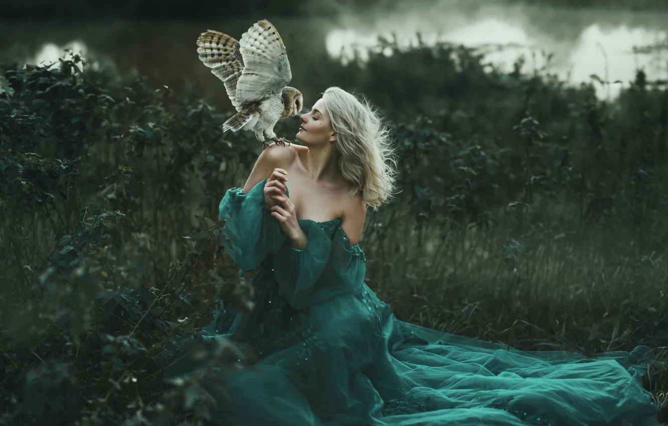Photo wallpaper girl, pose, owl, bird, hands, dress, blonde, neckline
