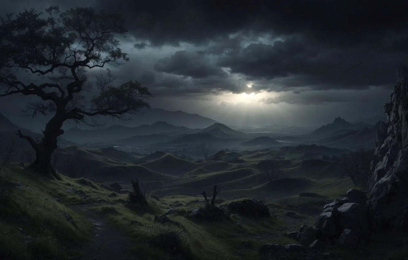 Photo wallpaper mountains, scenic, clouds, At Night