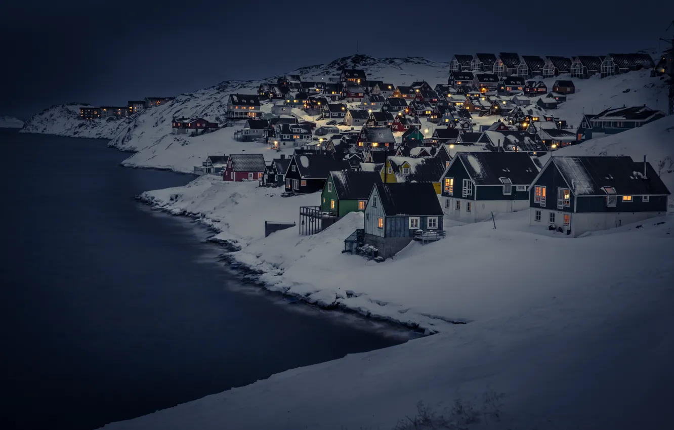 Photo wallpaper dark, landscape, night, winter, snow, houses, cold, cityscape