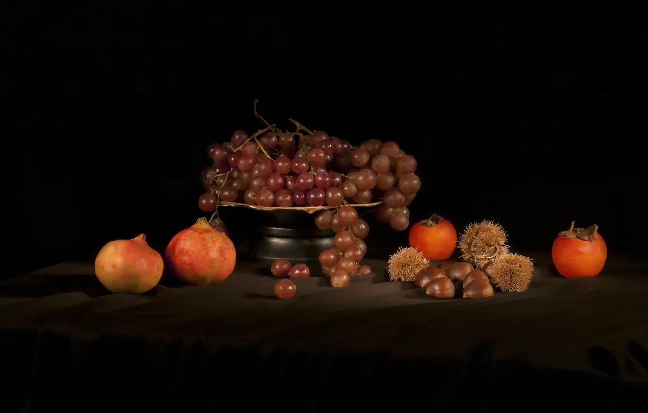 Photo wallpaper grapes, still life, garnet, chestnuts, persimmon