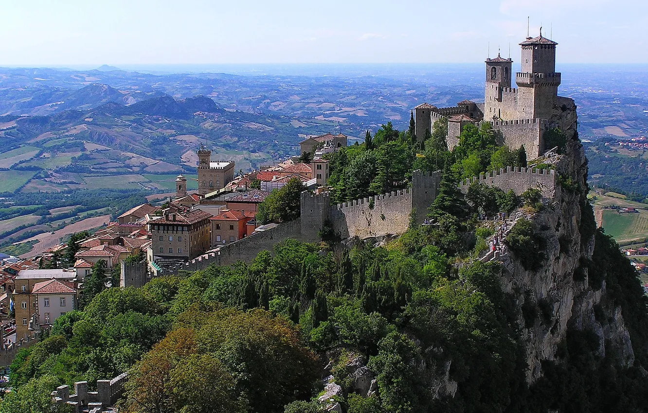 Photo wallpaper mountains, wall, rocks, tower, home, valley, fortress, San Marino