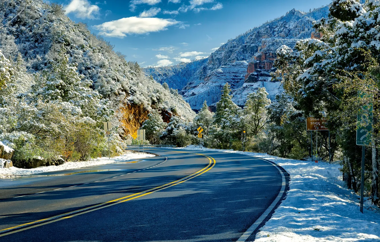 Photo wallpaper road, snow, trees, rocks, AZ, Arizona, Sedona, Sedona