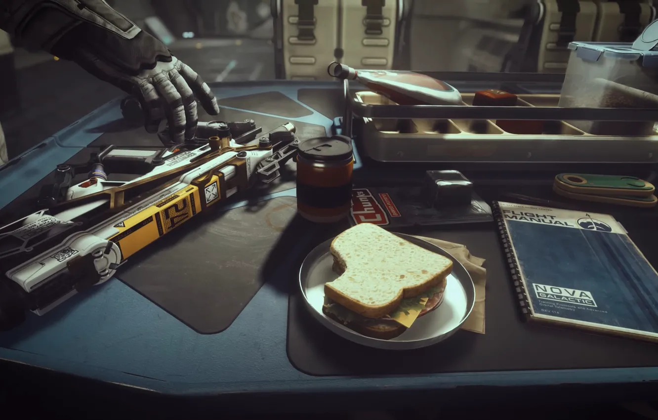 Photo wallpaper table, interior, machine, Notepad, rifle, Starfield, sandwiches