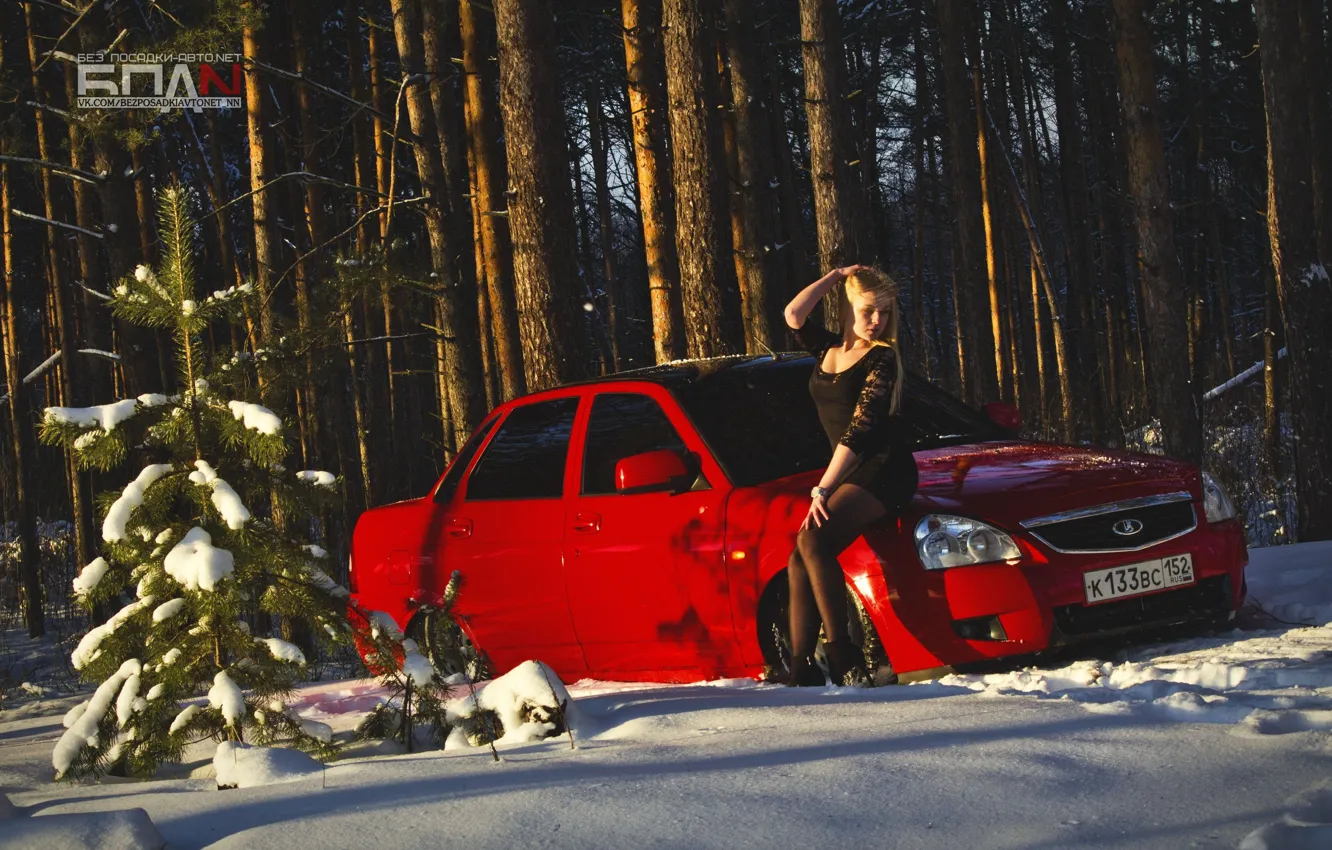 Photo wallpaper winter, machine, auto, girl, snow, red, auto, LADA