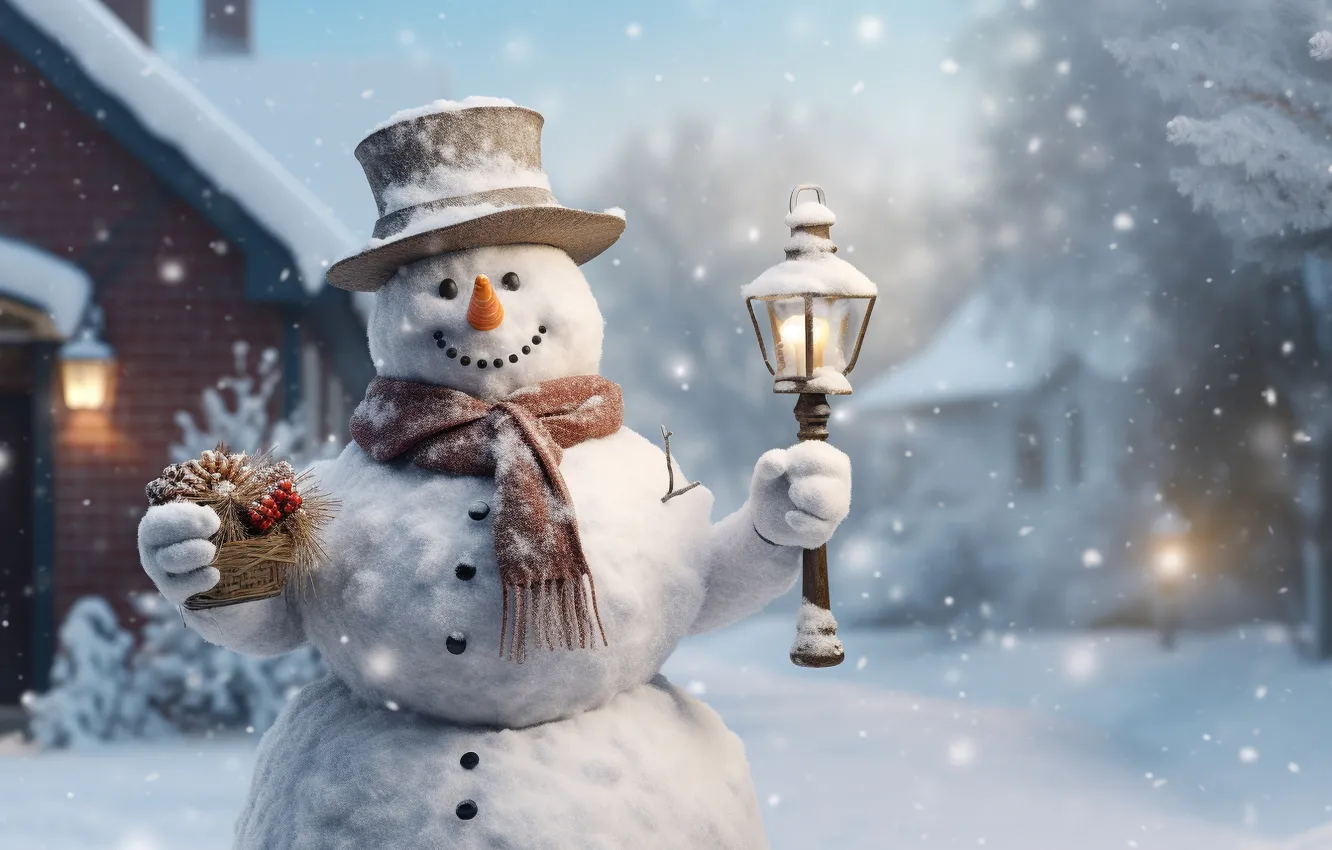 Photo wallpaper winter, snow, snowflakes, tree, New Year, Christmas, snowman, happy
