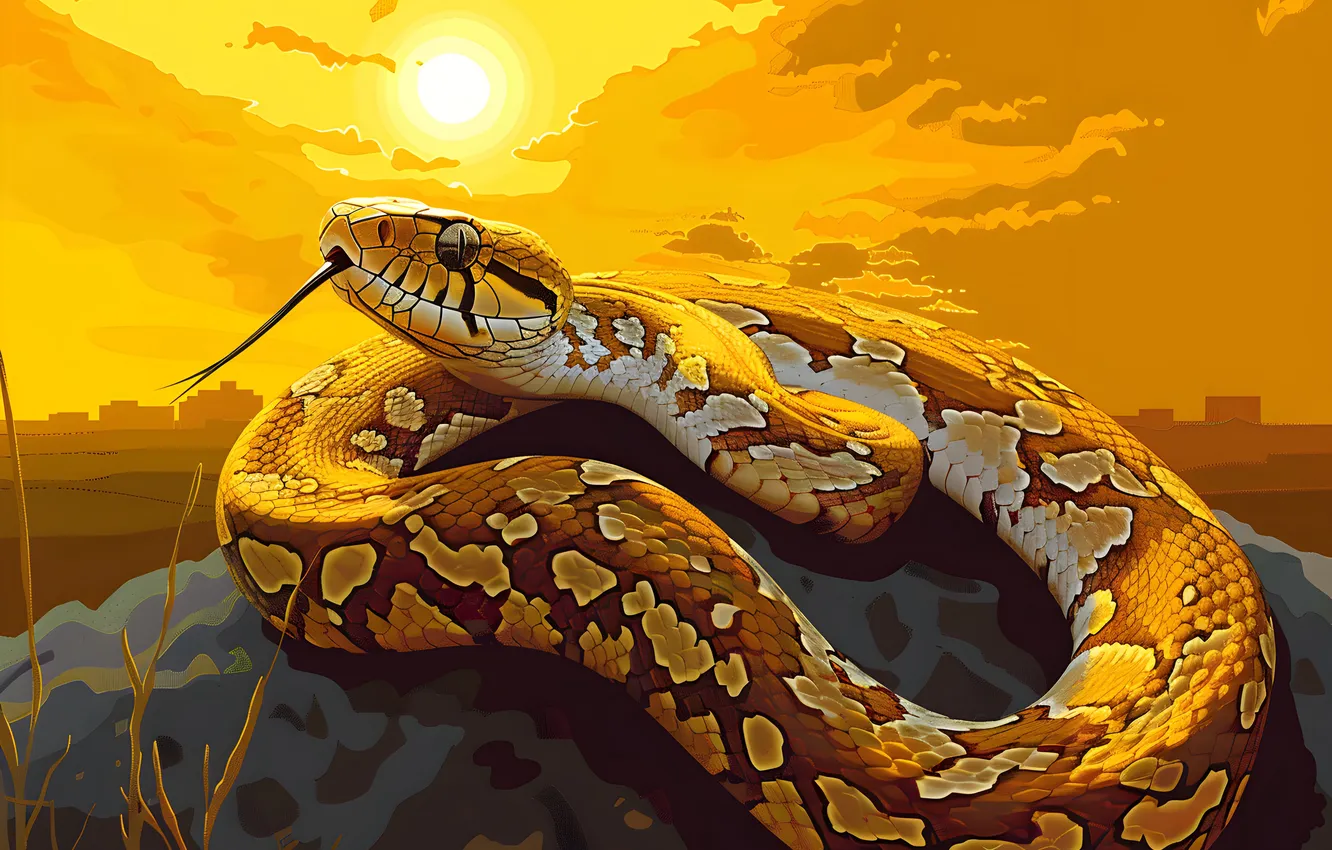 Photo wallpaper The sun, Language, Look, Snake, Dawn, Stone, Art, Reptile