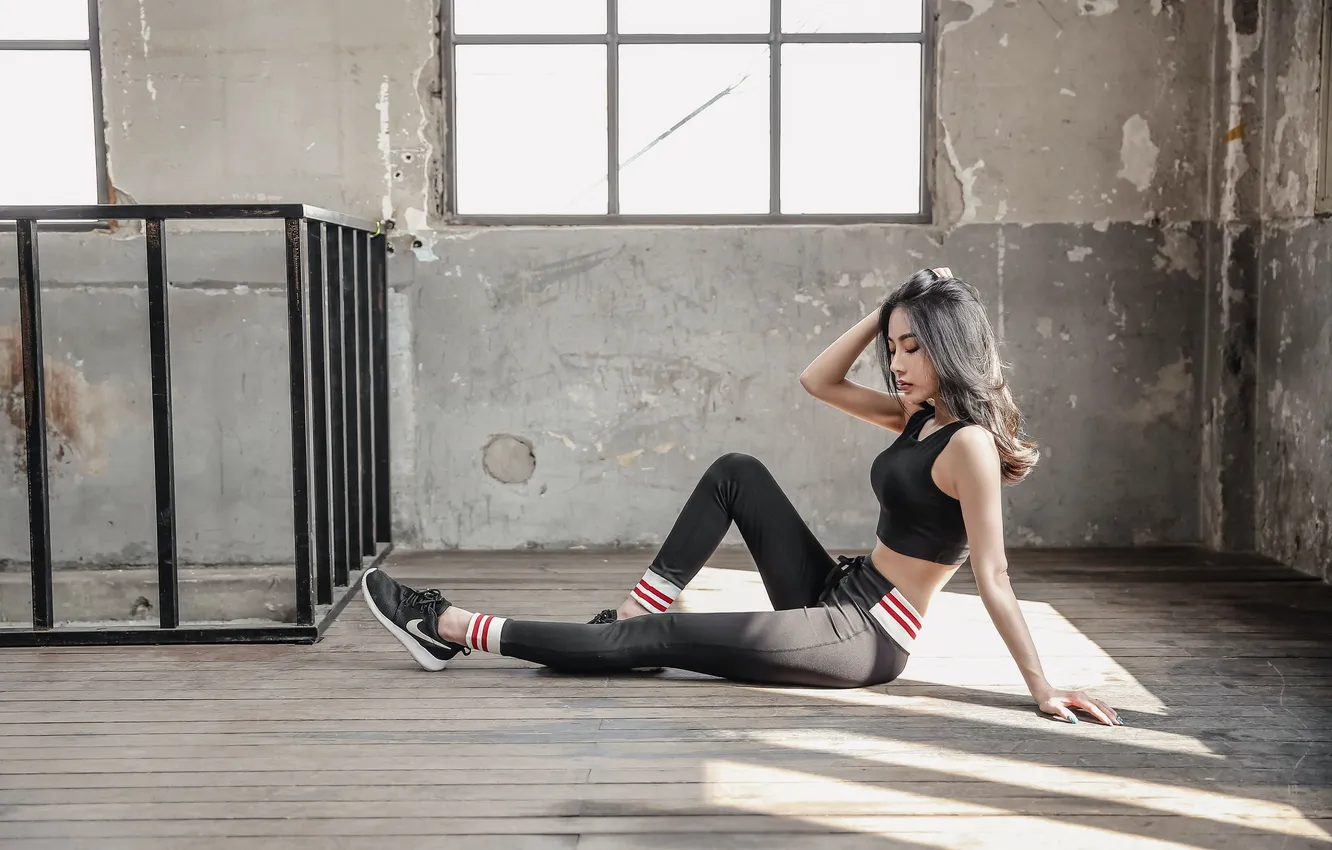 Photo wallpaper Nike, women, asian, sitting, fitness model, on the floor, hands in hair, tight clothing