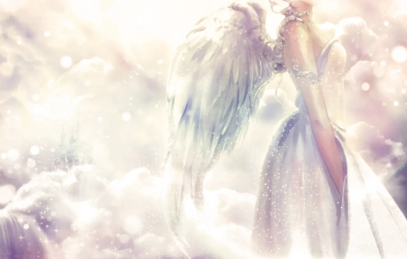 Photo wallpaper girl, clouds, birds, castle, wings, angel, anime, dress