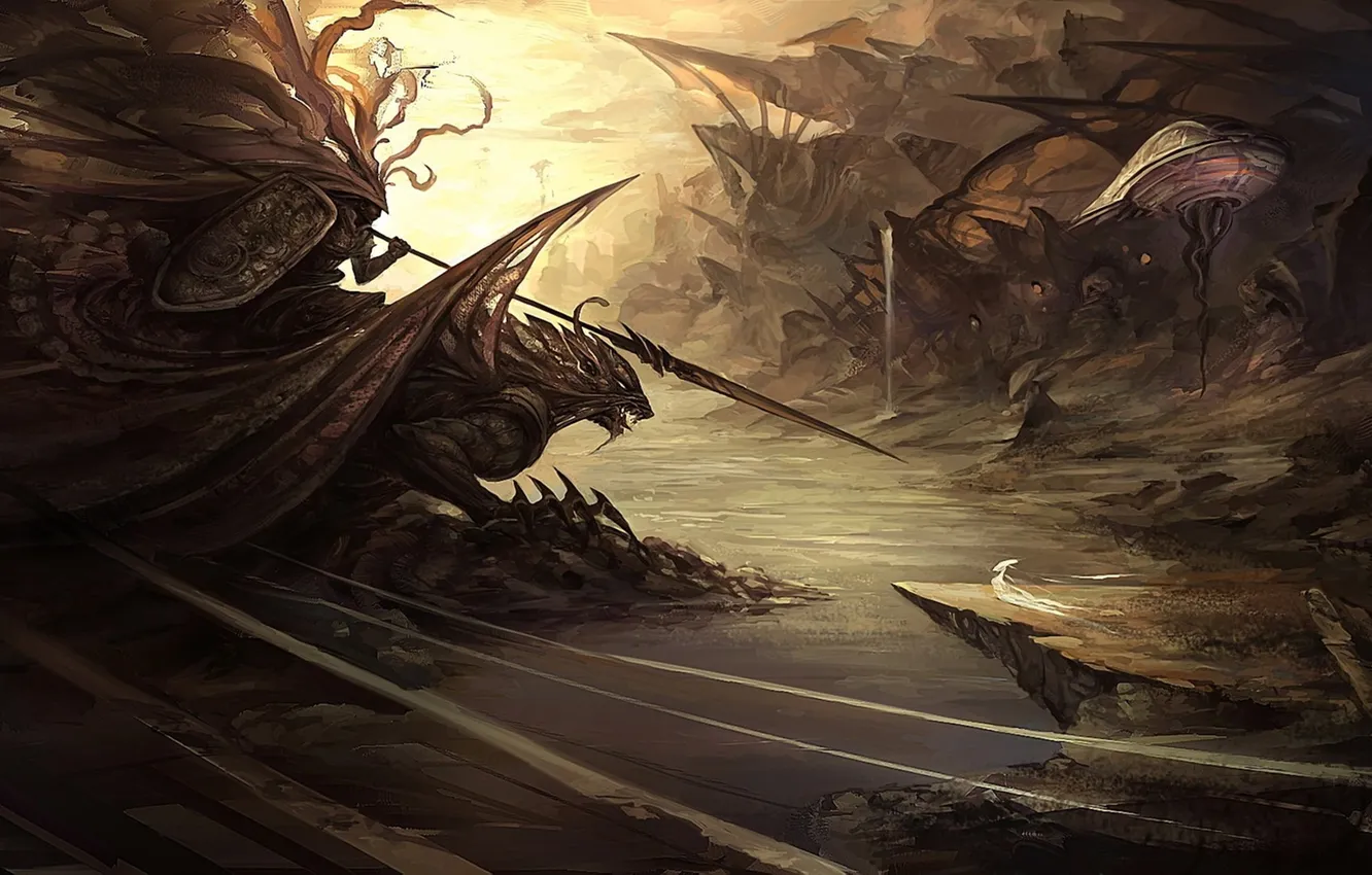 Photo wallpaper rocks, dragon, monster, warrior, art, gorge, rider, spear