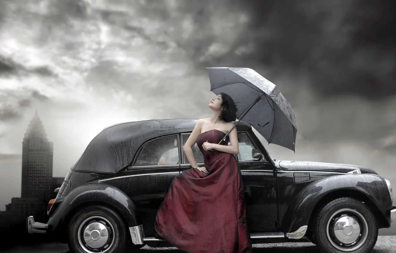 Photo wallpaper auto, girl, retro, rain, umbrella, dress