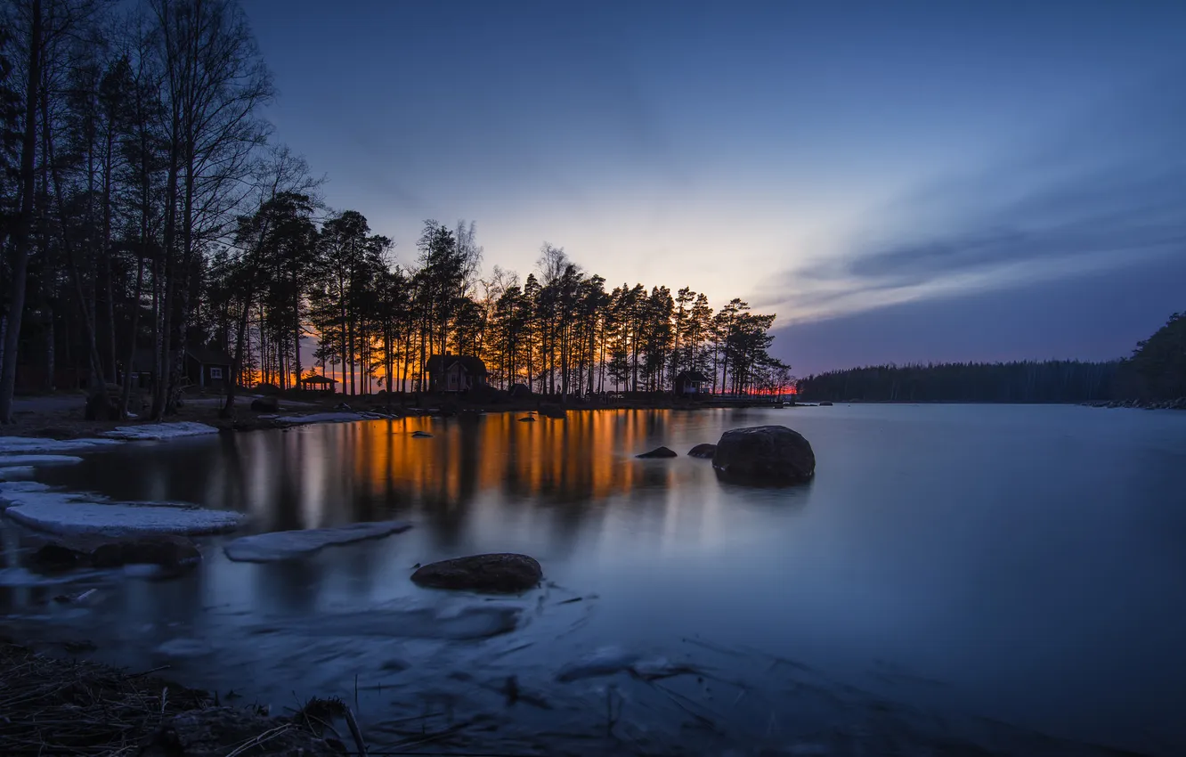 Photo wallpaper the sky, trees, lake, pond, Park, glow