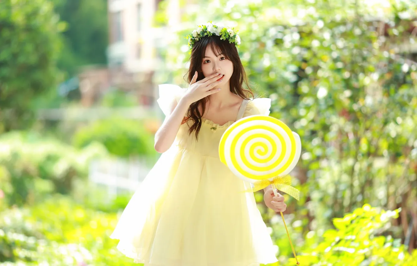 Photo wallpaper woman, beautiful, model, pretty, asian, candy, sunlight, plants