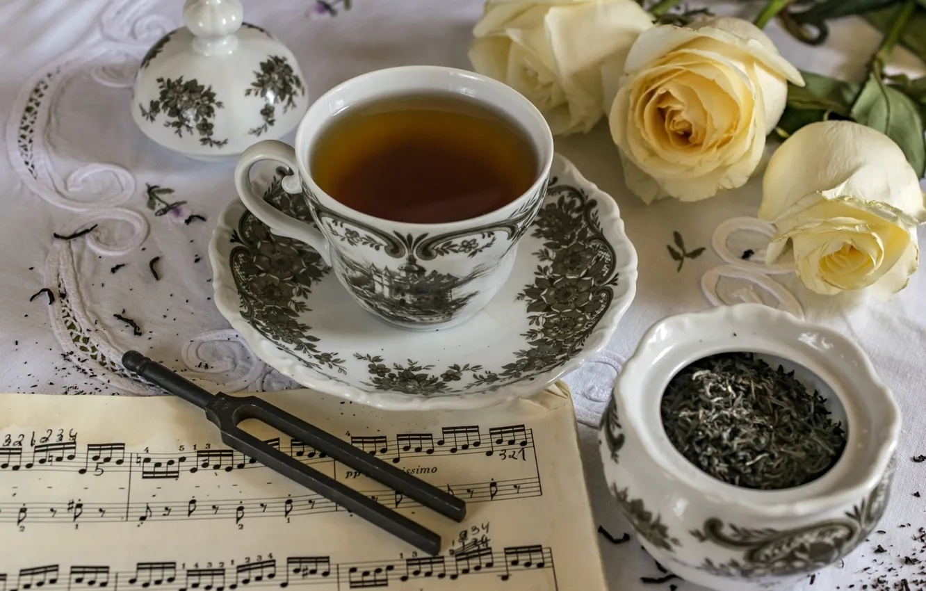 Photo wallpaper tea, roses, bouquet, Cup