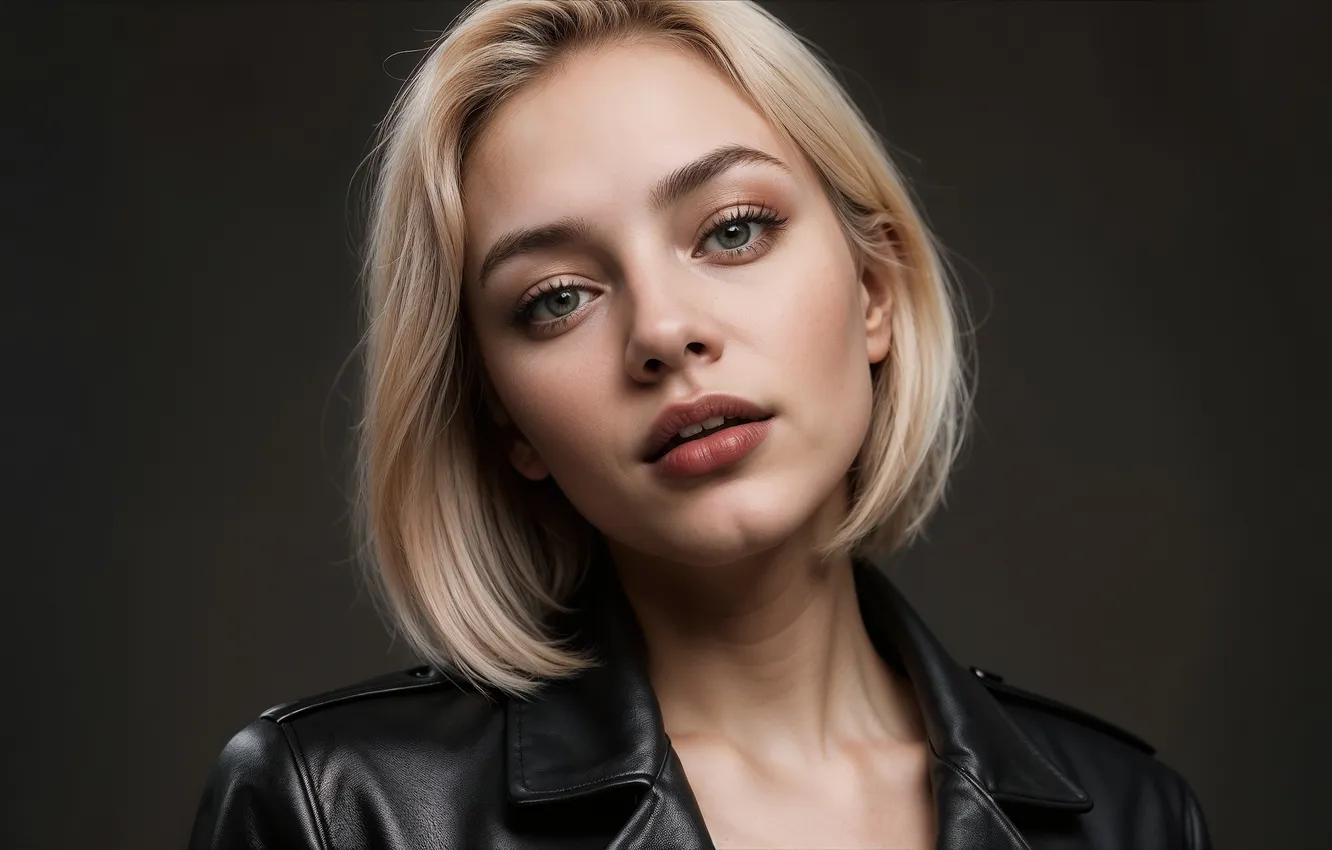 Photo wallpaper girl, portrait, blonde, beautiful, blonde hair, leather jacket, kozhanka, on a dark background
