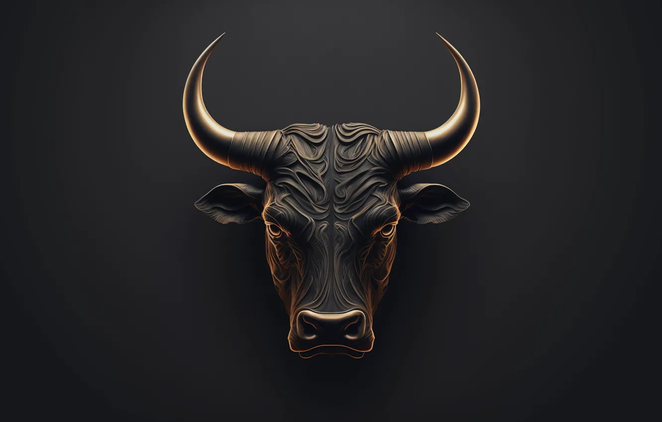 Photo wallpaper the dark background, head, horns, bull, AI art
