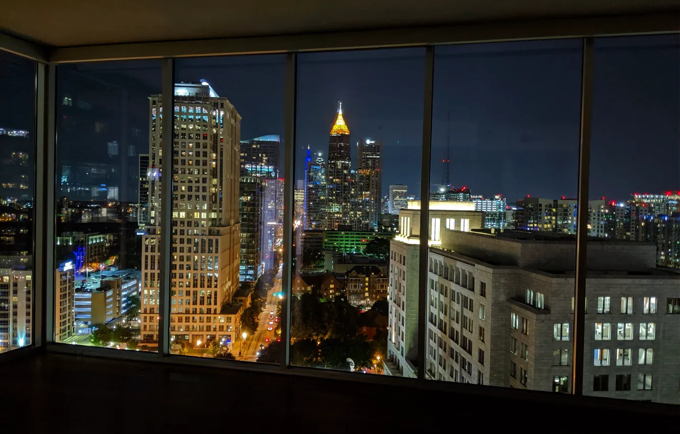 Photo wallpaper road, the sky, glass, light, night, the city, lights, room