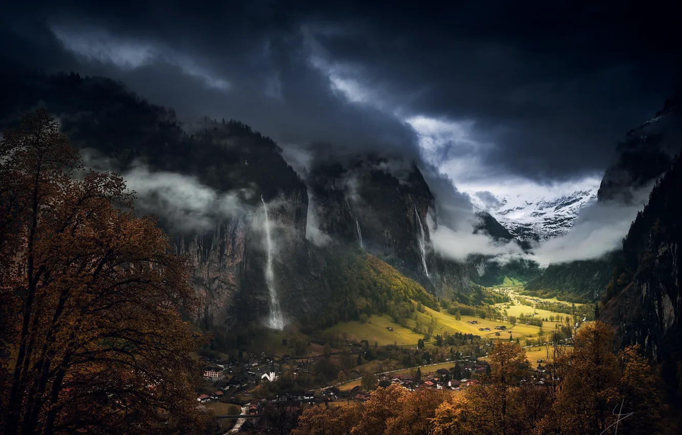 Photo wallpaper autumn, the sky, clouds, mountains, clouds, Switzerland, valley, Lauterbrunnen