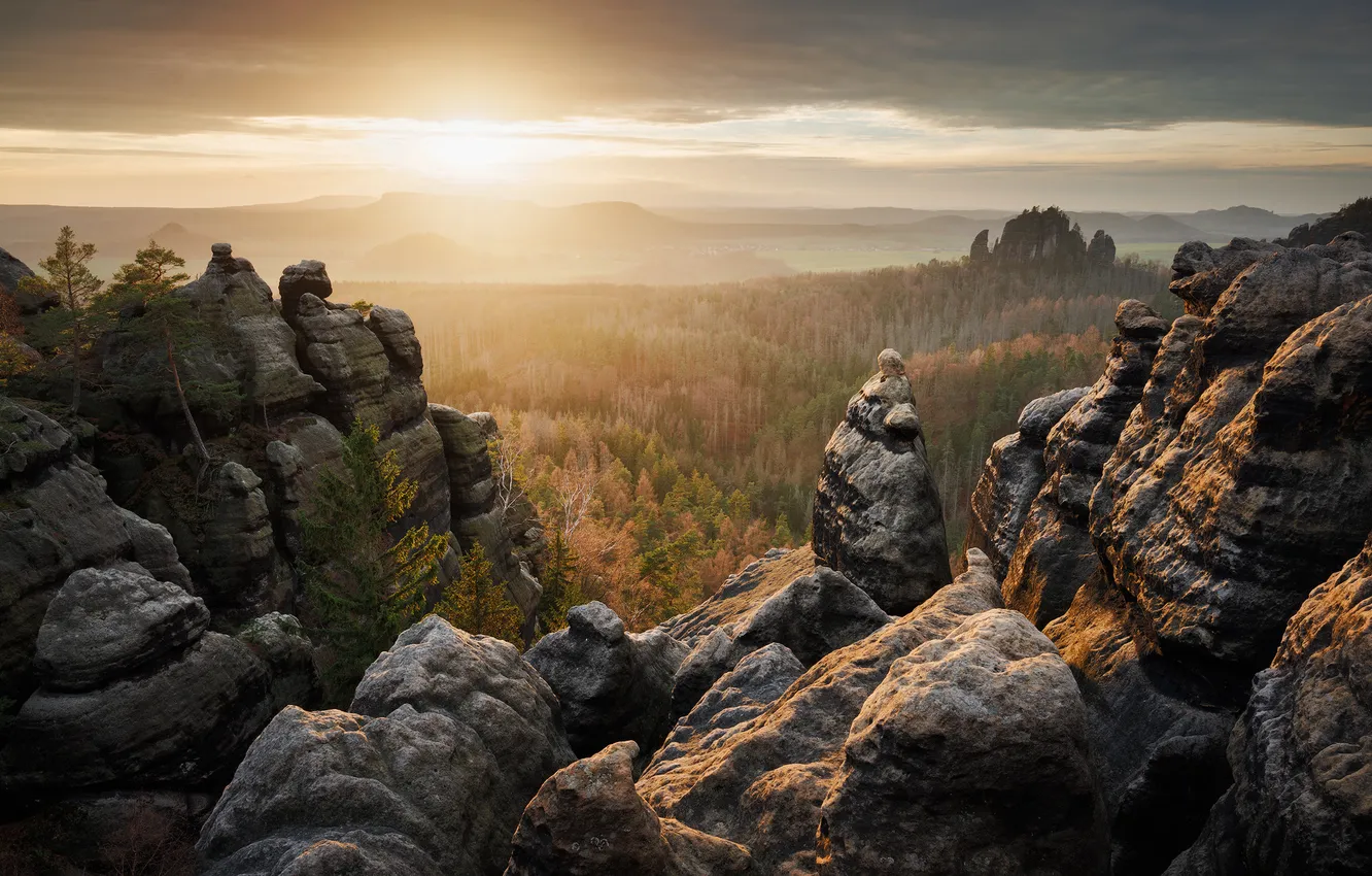 Photo wallpaper autumn, forest, the sky, clouds, rays, light, mountains, clouds