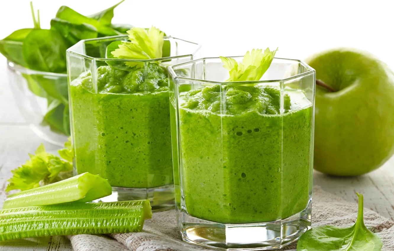 Photo wallpaper glass, fruits, vegetables, Green smoothies