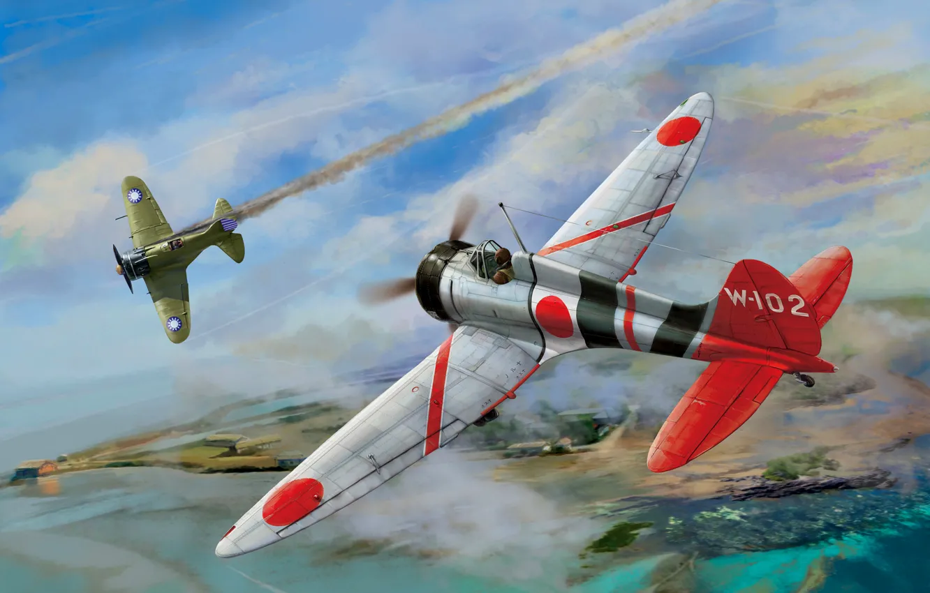 Photo wallpaper Mitsubishi, -16, deck-based aircraft, Of the air force of the Kuomintang, A5M, Polikarpov I-16
