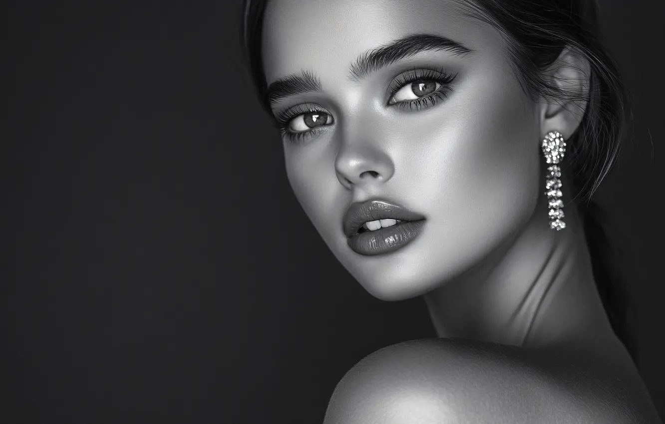 Photo wallpaper look, girl, face, pose, portrait, monochrome, black and white photo, AI art
