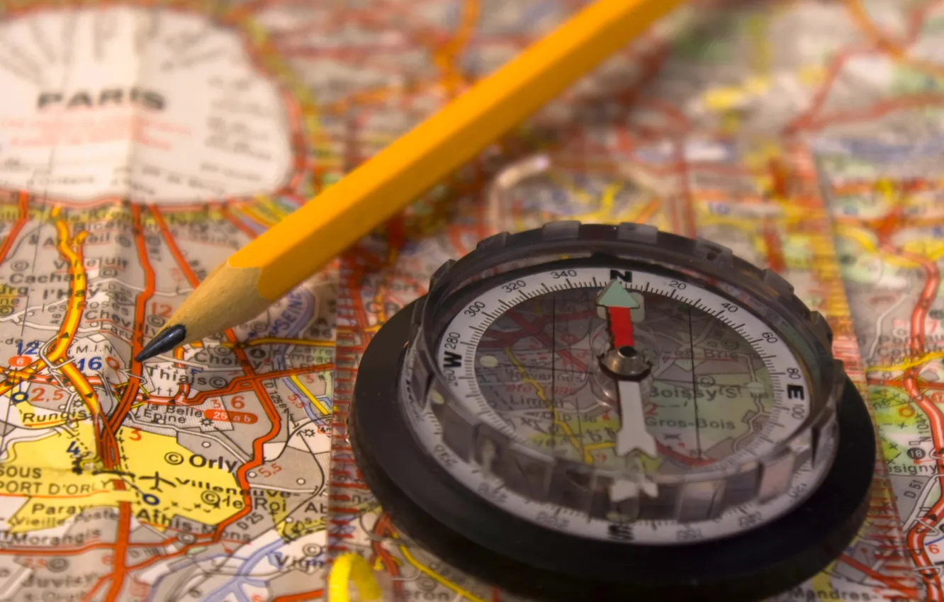 Photo wallpaper France, map, pencils, blur, journey, compass, bokeh.