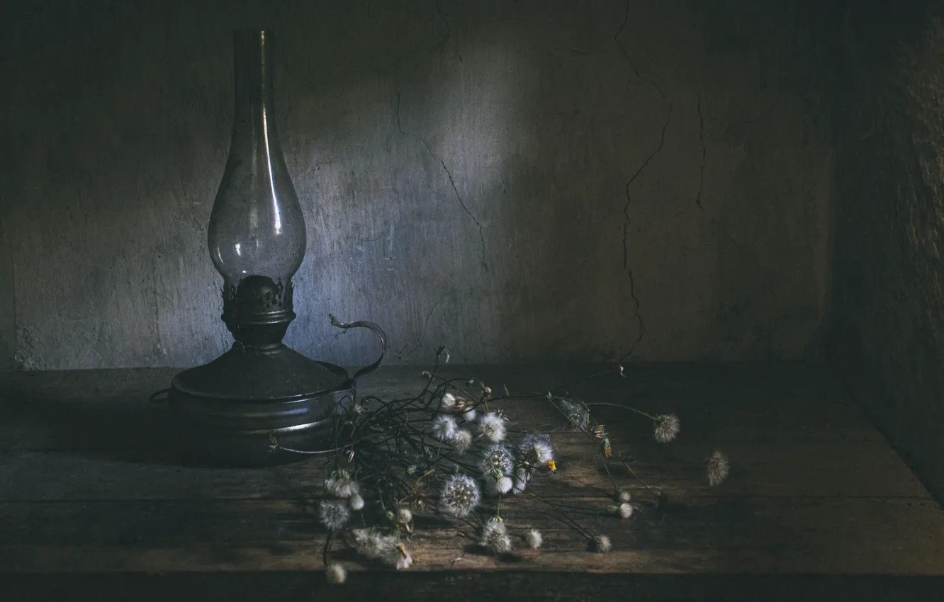 Photo wallpaper flowers, lamp, kerosene stove