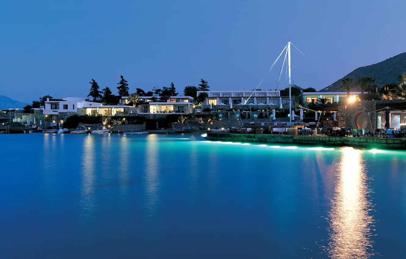 Photo wallpaper sea, sunset, blue, lights, Marina, boat, cafe, azure..
