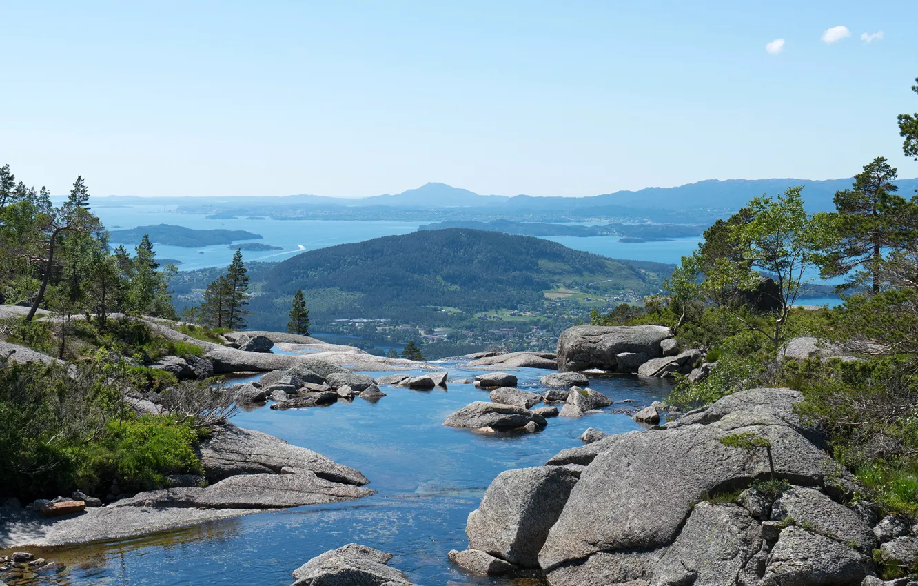 Photo wallpaper sea, the sky, water, the sun, trees, mountains, stones, coast