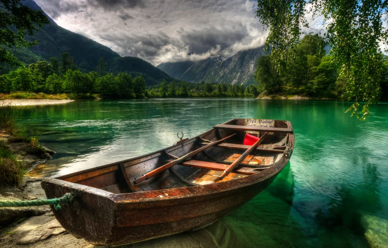 Photo wallpaper the sky, trees, mountains, river, boat, HDR, Norway, rauma