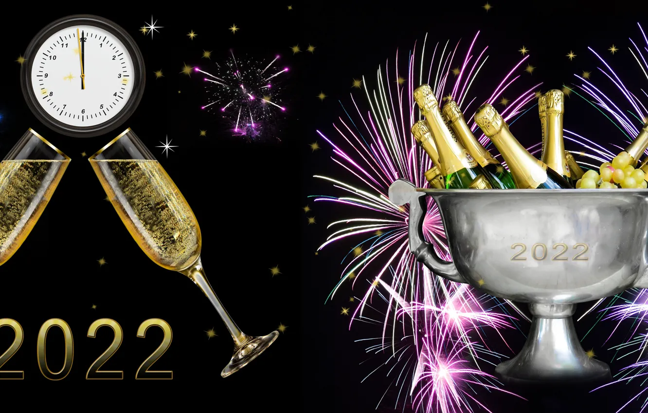 Photo wallpaper Watch, Salute, Bottle, New year, Black background, Fireworks, Bakaly, Champagne