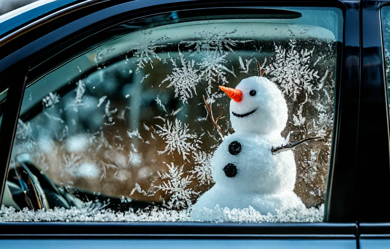 Photo wallpaper new year, snowman, Patterns on the window