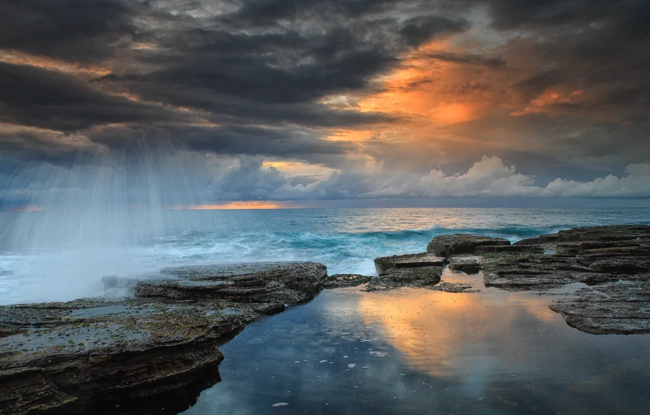 Photo wallpaper wave, the sky, landscape, clouds, stones, dawn, shore