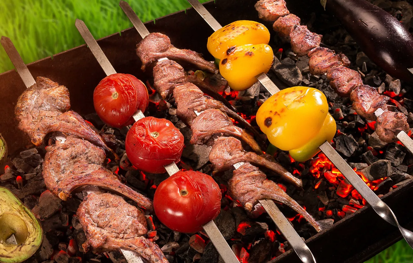 Photo wallpaper meat, pepper, tomatoes, kebab