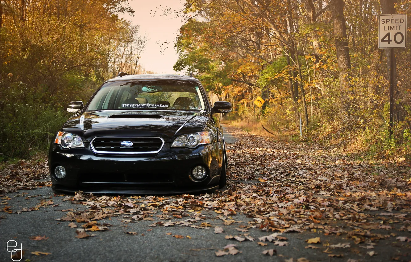 Photo wallpaper autumn, Subaru, black, Subaru, stance, Outback