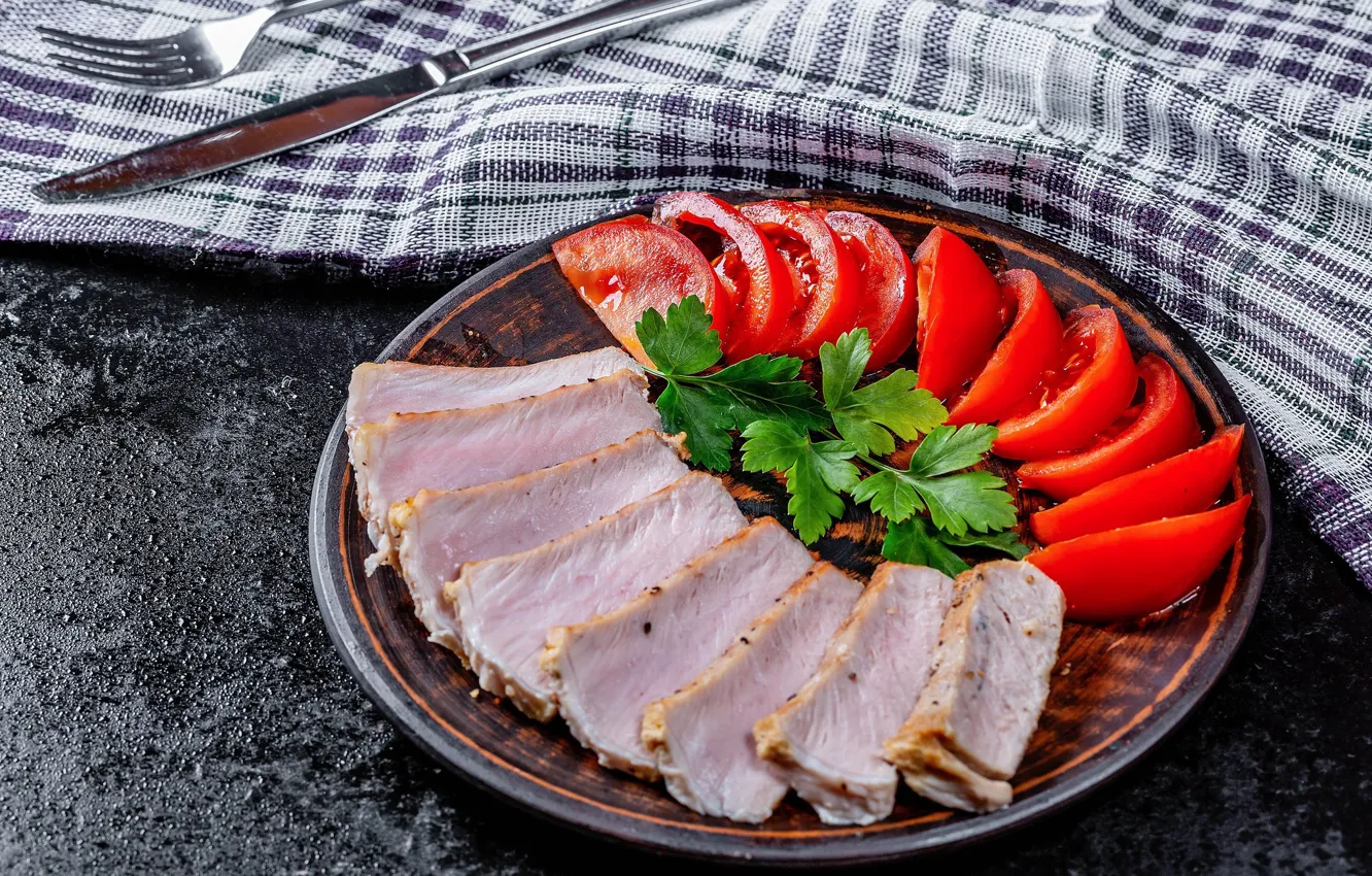 Photo wallpaper meat, tomatoes, cutting, appetizer