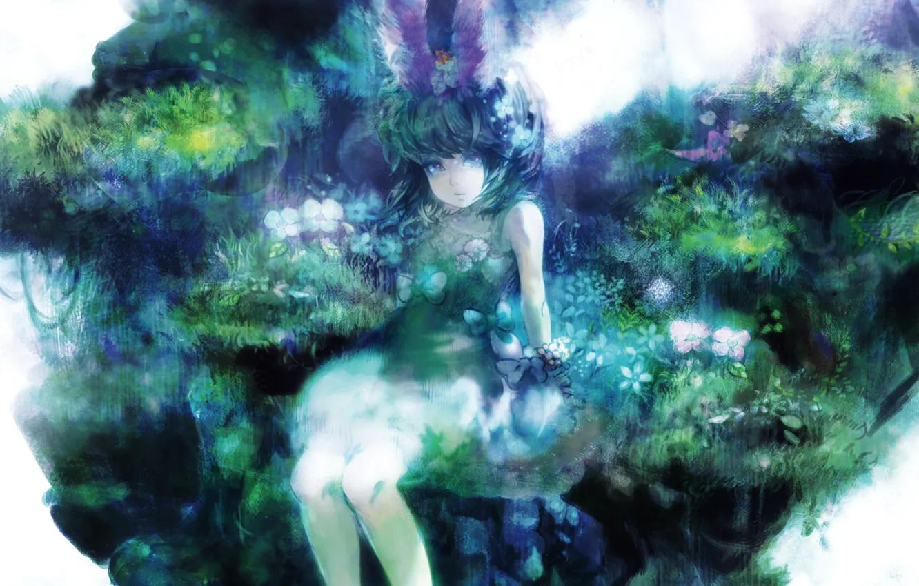 Photo wallpaper trees, flowers, anime, art, girl, bow, ears, nishimura sui
