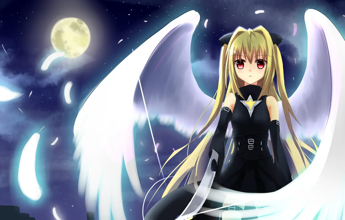 Photo wallpaper girl, night, the moon, wings, angel, feathers, art, darkness