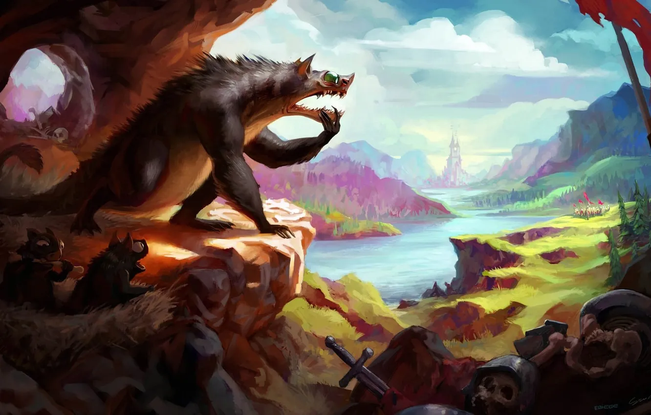 Photo wallpaper monster, valley, cave, knight