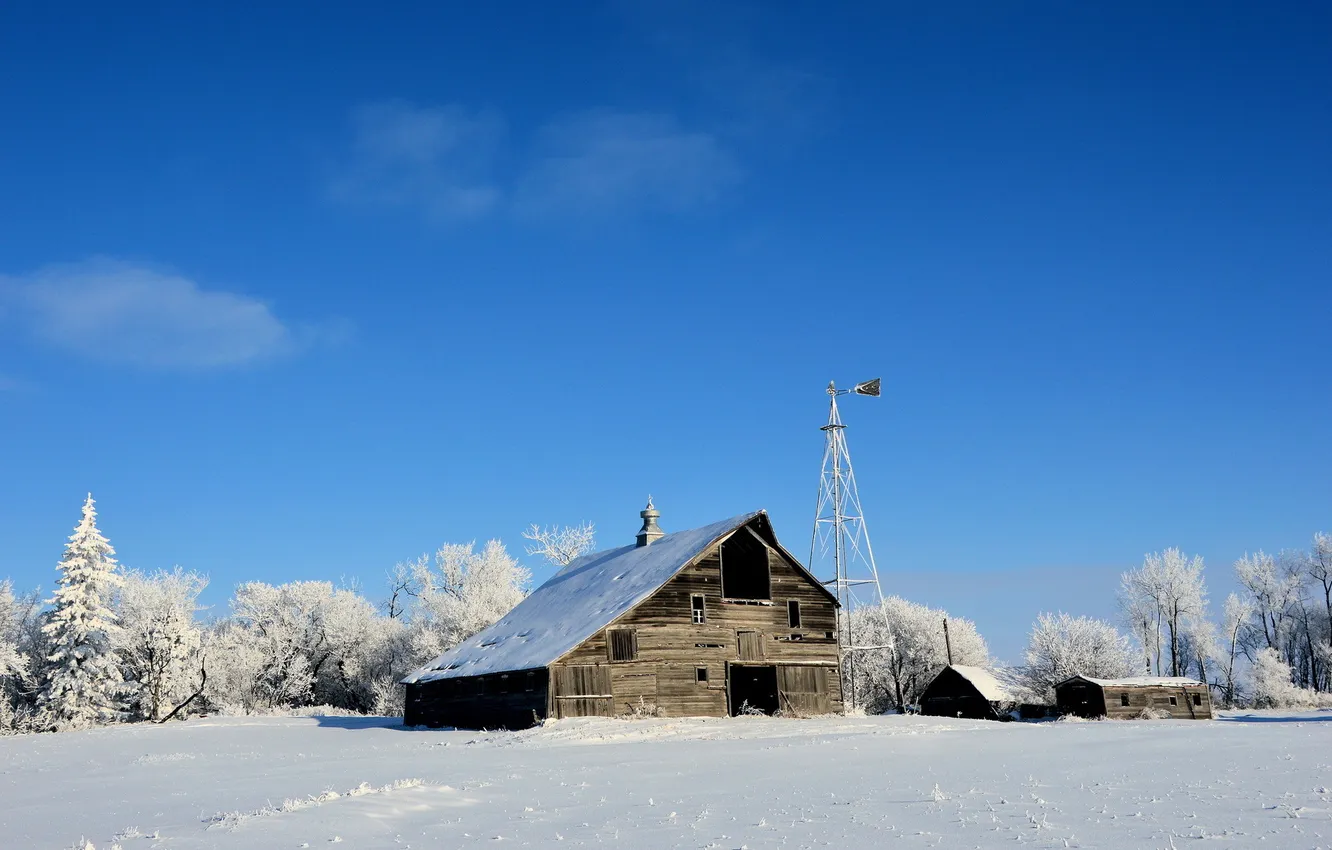Photo wallpaper winter, field, home, windmills