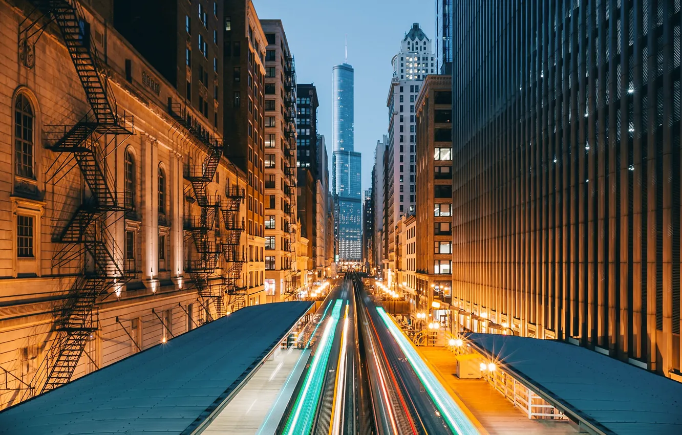 Photo wallpaper the city, lights, home, the evening, excerpt, Chicago, USA