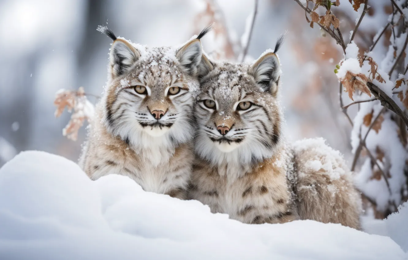 Photo wallpaper winter, look, snow, pose, lynx, face, a couple, Duo