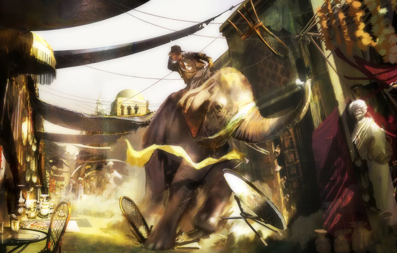 Photo wallpaper elephant, chase, the situation, Indiana Jones, adventure, Bazaar, East, top