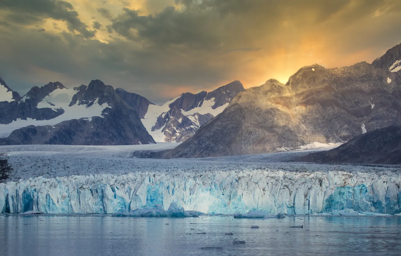 Photo wallpaper cold, ice, winter, sea, clouds, rays, light, snow