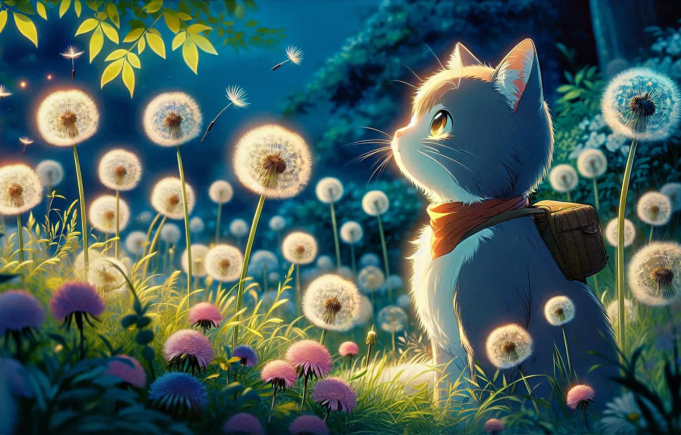Photo wallpaper cat, look, leaves, light, flowers, pose, grey, dandelion