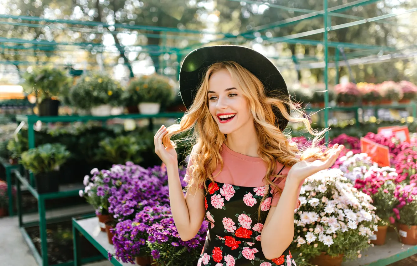 Photo wallpaper summer, girl, joy, flowers, pose, smile, portrait, bouquet